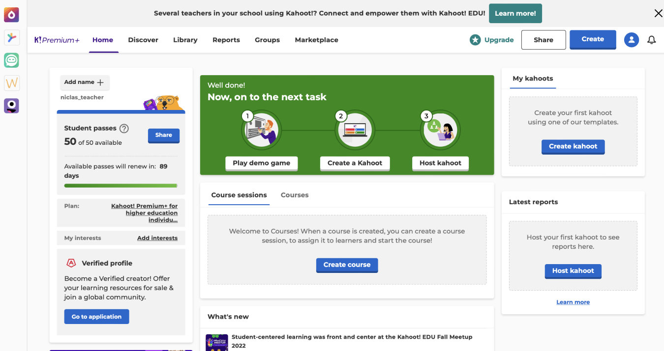 Original Kahoot dashboard